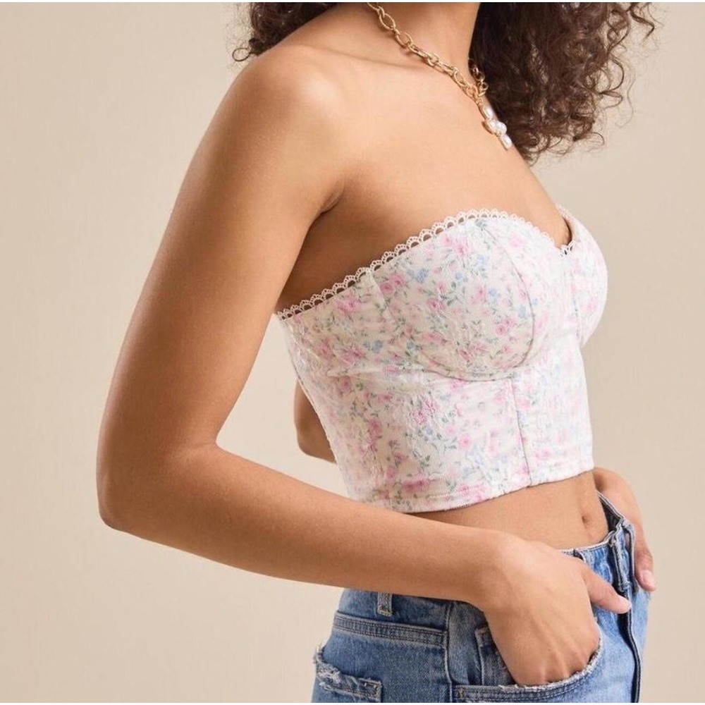 Altar'd State Women Medium Bustier Crop Top Floral Lace Mesh Smocked Coquette